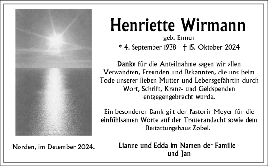 Traueranzeige von Henriette Wirmann von Ostfriesischer Kurier GmbH