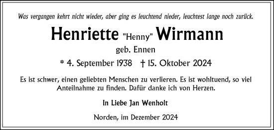 Traueranzeige von Henriette Wirmann von Ostfriesischer Kurier GmbH