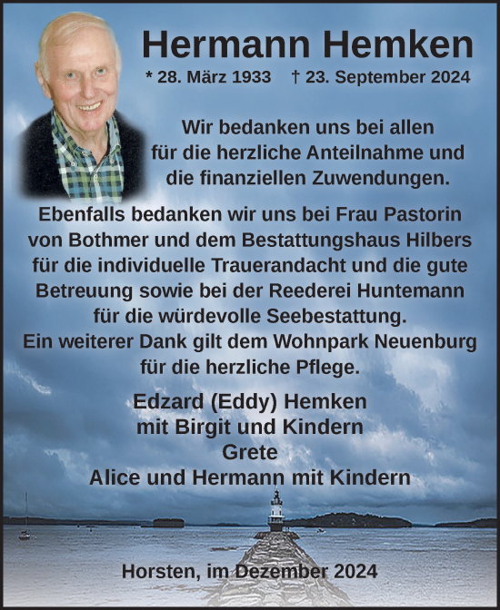 Traueranzeige von Hermann Hemken von Ostfriesischer Kurier GmbH