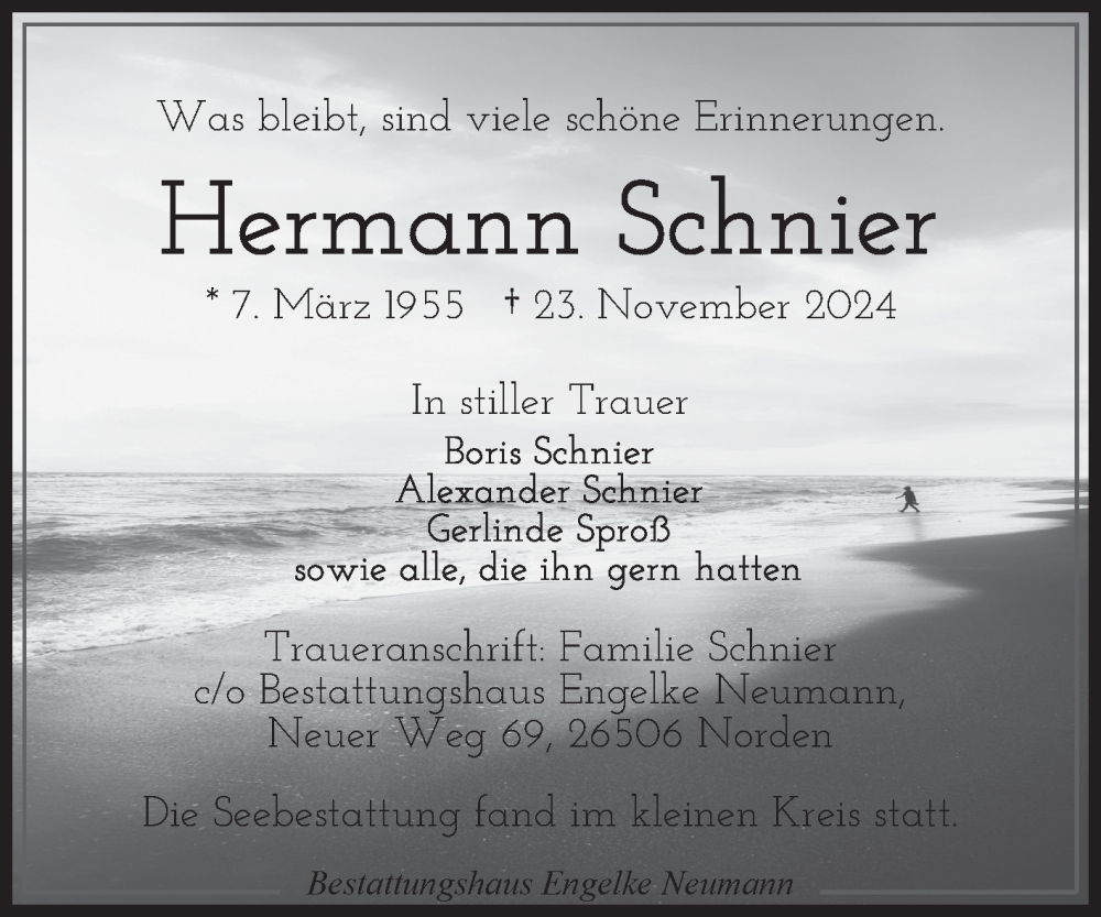  Traueranzeige für Hermann Schnier vom 14.12.2024 aus Ostfriesischer Kurier GmbH