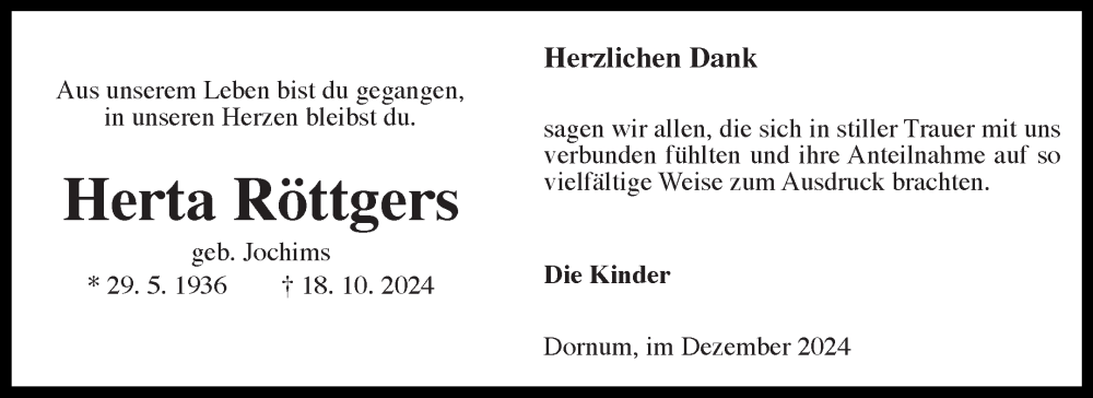  Traueranzeige für Herta Röttgers vom 07.12.2024 aus Ostfriesischer Kurier GmbH