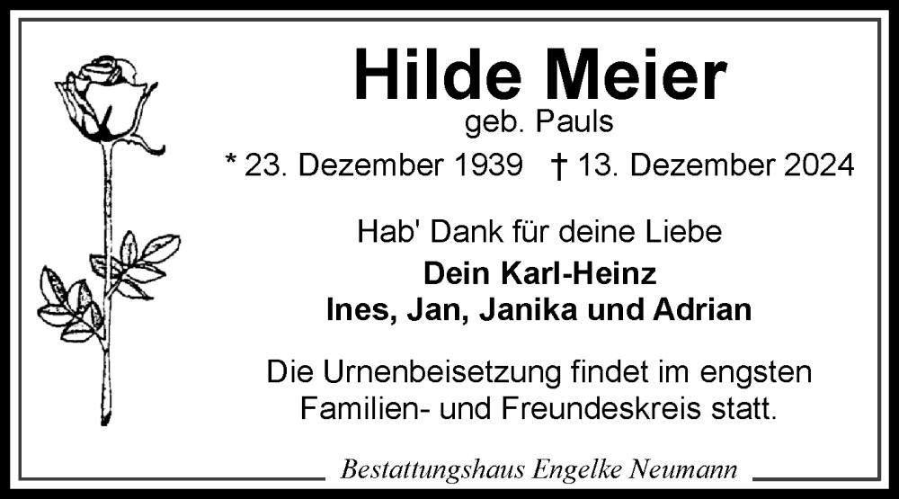  Traueranzeige für Hilde Meier vom 21.12.2024 aus Ostfriesischer Kurier GmbH