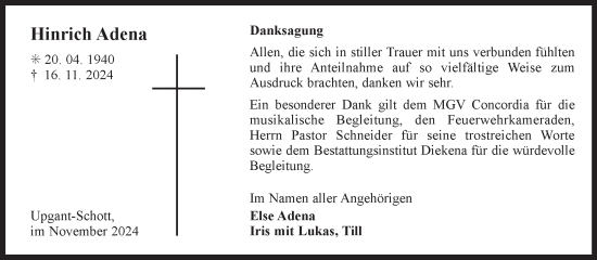 Traueranzeige von Hinrich Adena von Ostfriesischer Kurier GmbH