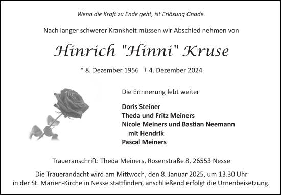 Traueranzeige von Hinrich Kruse von Ostfriesischer Kurier GmbH