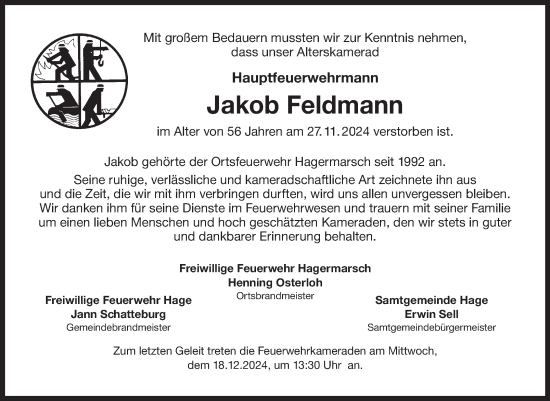 Traueranzeige von Jakob Feldmann von Ostfriesischer Kurier GmbH