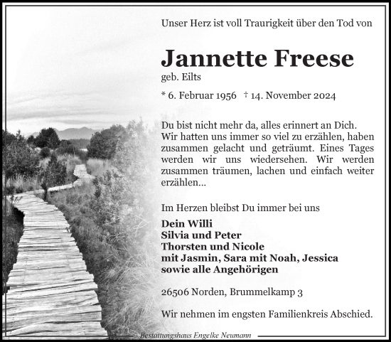 Traueranzeige von Jannette Freese von Ostfriesischer Kurier GmbH