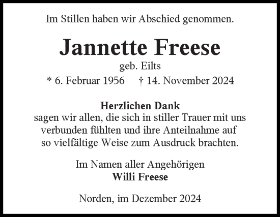 Traueranzeige von Jannette Freese von Ostfriesischer Kurier GmbH
