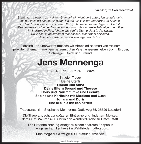 Traueranzeige von Jens Mennenga von Ostfriesischer Kurier GmbH