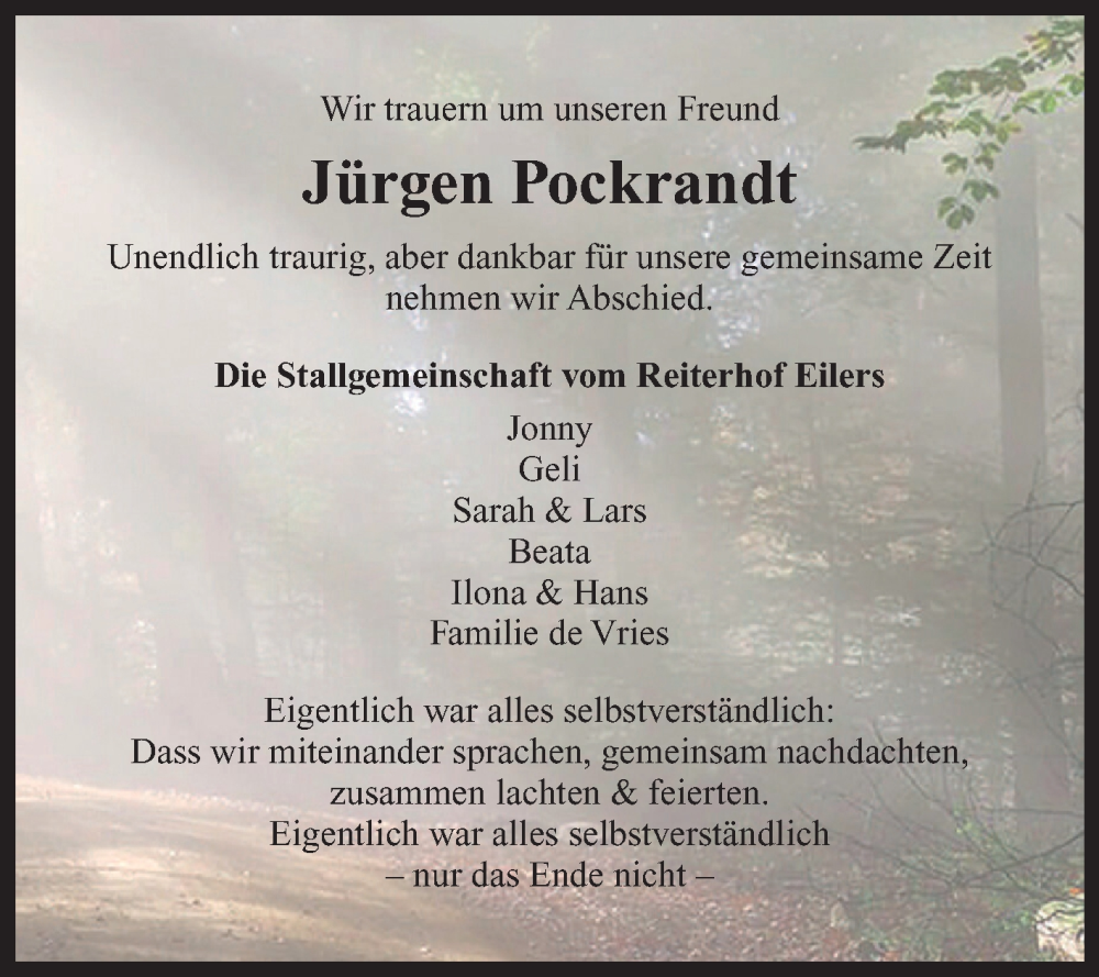  Traueranzeige für Jürgen Pockrandt vom 14.12.2024 aus Ostfriesischer Kurier GmbH