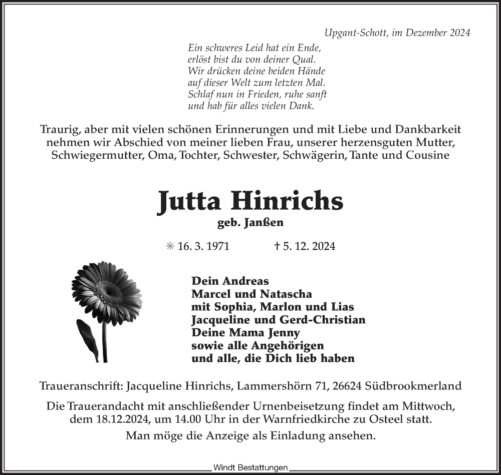  Traueranzeige für Jutta Hinrichs vom 07.12.2024 aus Ostfriesischer Kurier GmbH