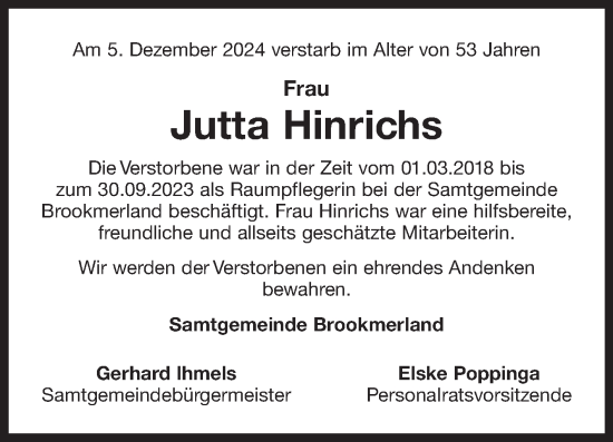 Traueranzeige von Jutta Hinrichs von Ostfriesischer Kurier GmbH