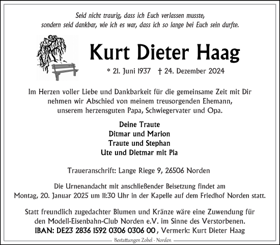Traueranzeige von Kurt Dieter Haag von Ostfriesischer Kurier GmbH