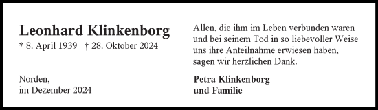 Traueranzeige von Leonhard Klinkenborg von Ostfriesischer Kurier GmbH