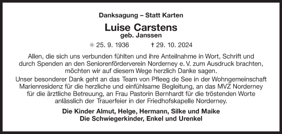 Traueranzeige von Luise Carstens von Ostfriesischer Kurier GmbH