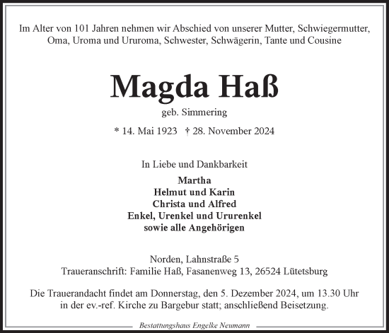 Traueranzeige von Magda Haß von Ostfriesischer Kurier GmbH