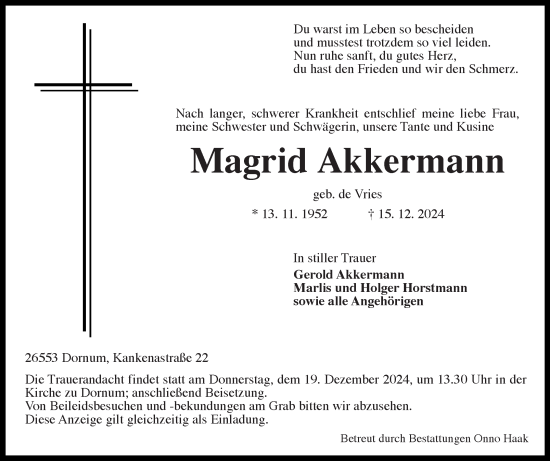 Traueranzeige von Magrid Akkermann von Ostfriesischer Kurier GmbH