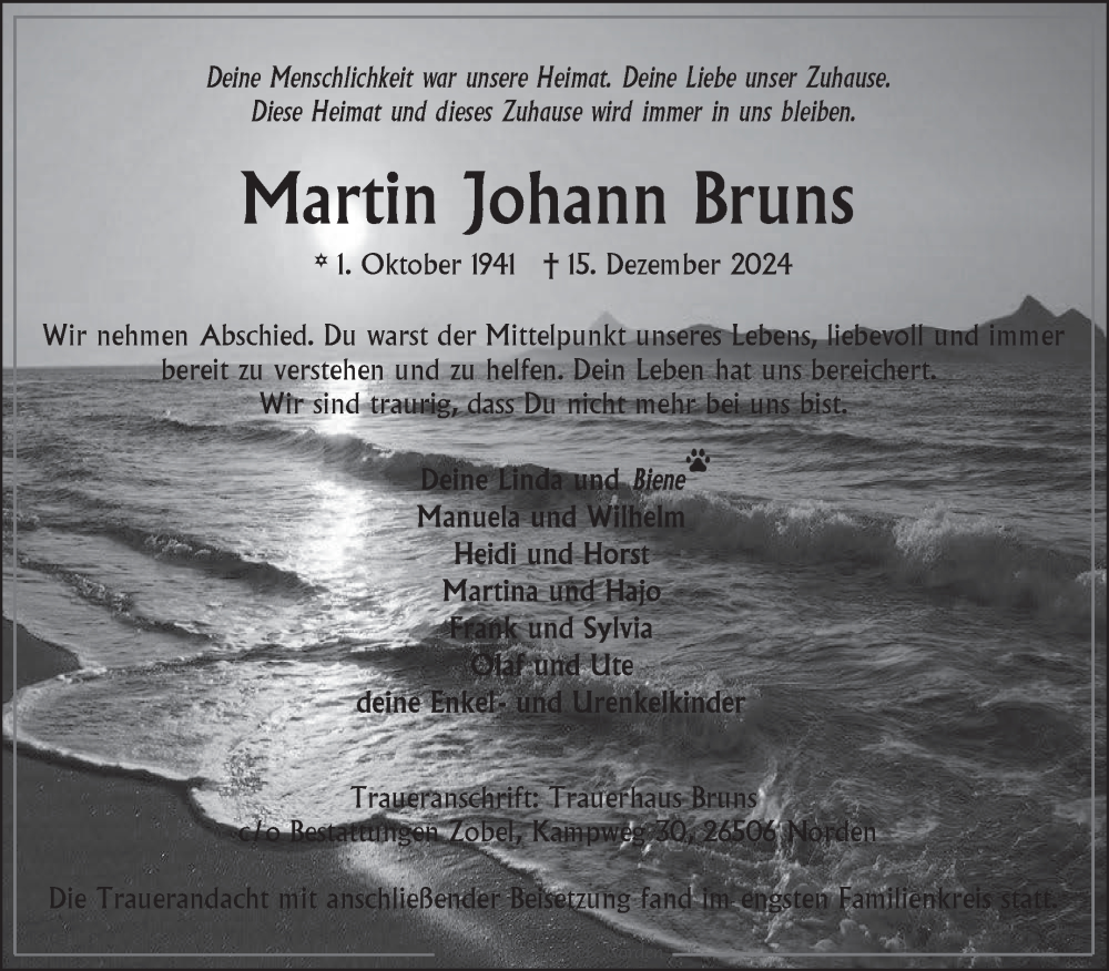  Traueranzeige für Martin  Bruns vom 21.12.2024 aus Ostfriesischer Kurier GmbH