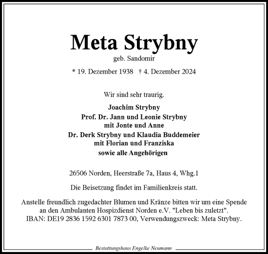 Traueranzeige von Meta Strybny von Ostfriesischer Kurier GmbH