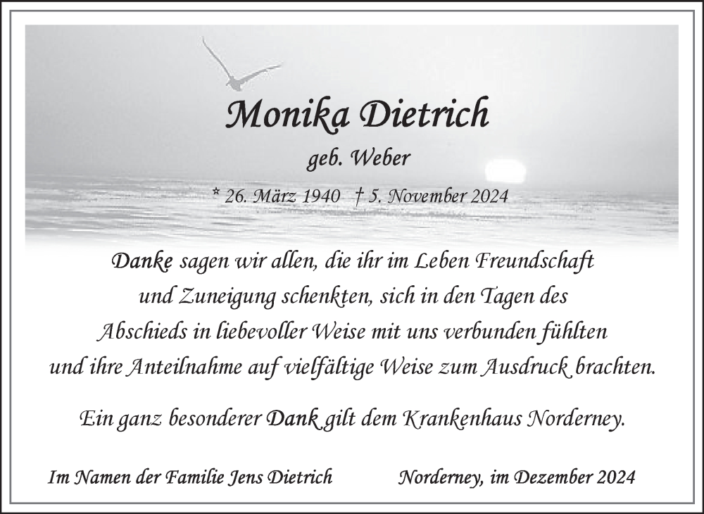 Traueranzeige für Monika Dietrich vom 14.12.2024 aus Ostfriesischer Kurier GmbH