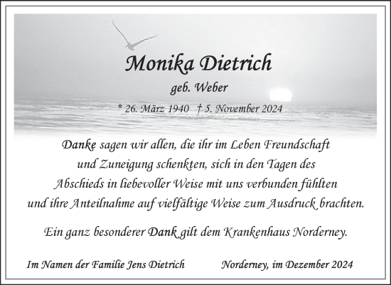 Traueranzeige von Monika Dietrich von Ostfriesischer Kurier GmbH