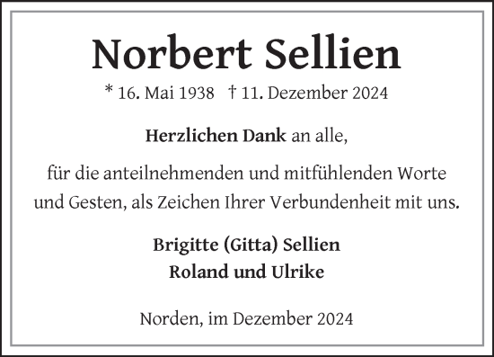 Traueranzeige von Norbert Sellien von Ostfriesischer Kurier GmbH