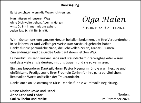 Traueranzeige von Olga Halen von Ostfriesischer Kurier GmbH