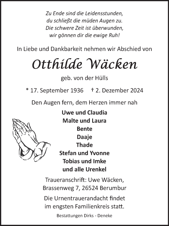 Traueranzeige von Otthilde Wäcken von Ostfriesischer Kurier GmbH