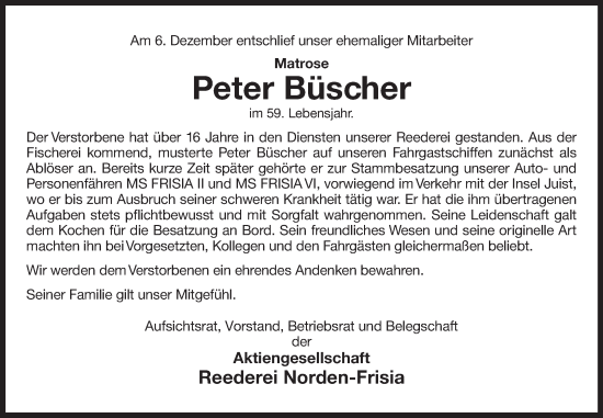 Traueranzeige von Peter Büscher von Ostfriesischer Kurier GmbH