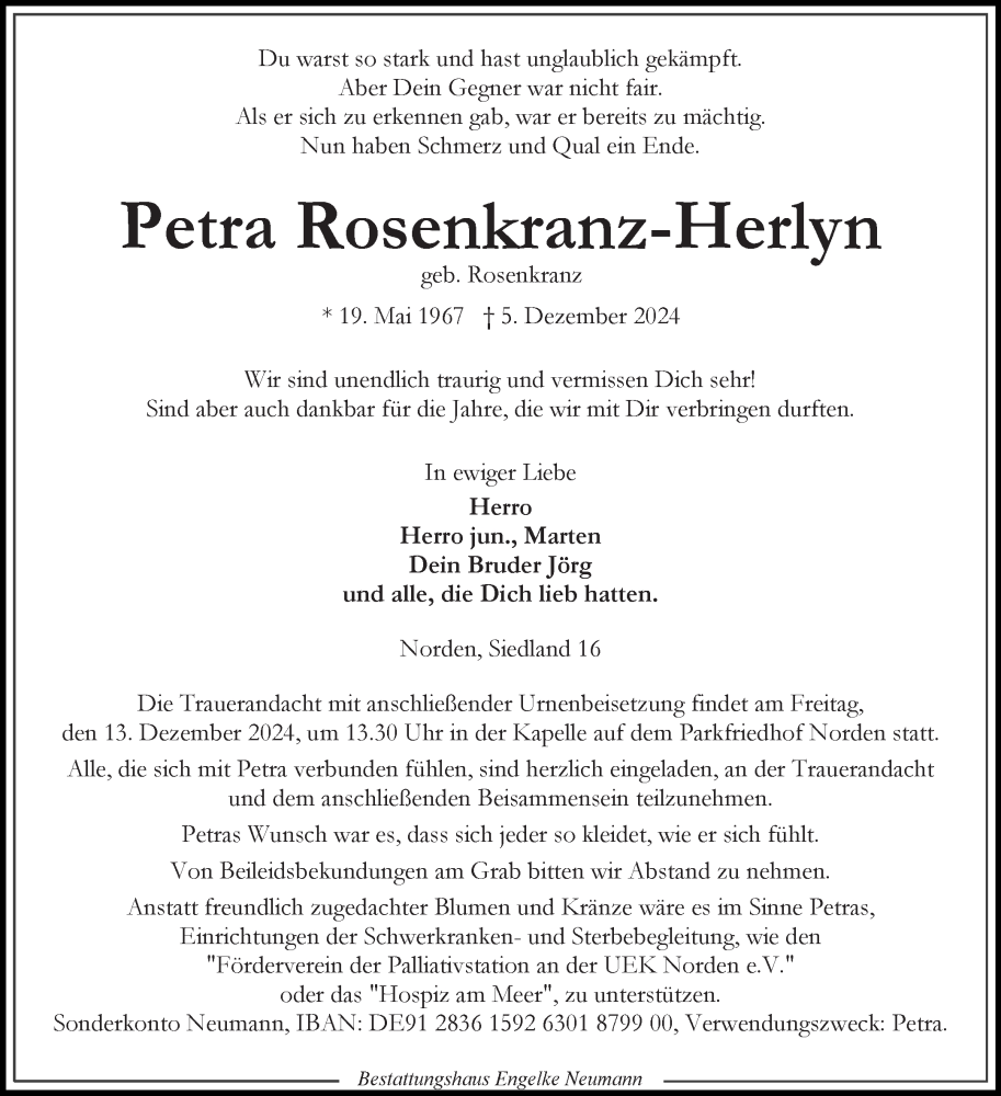  Traueranzeige für Petra Rosenkranz-Herlyn vom 07.12.2024 aus Ostfriesischer Kurier GmbH