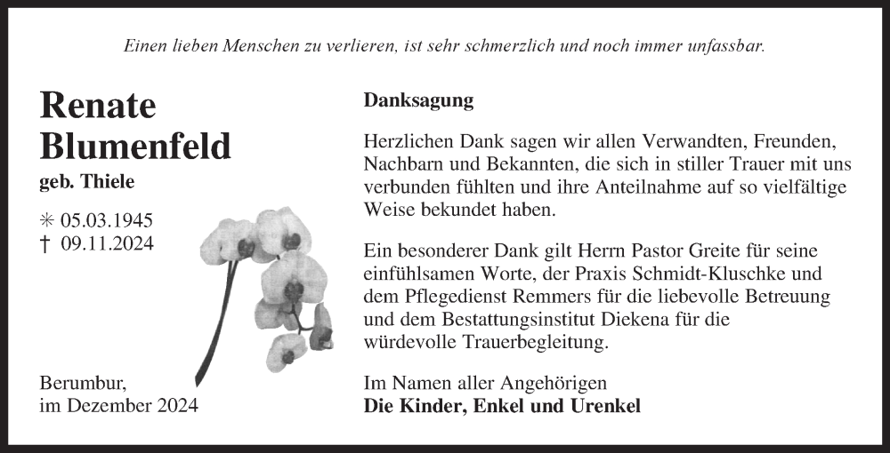  Traueranzeige für Renate Blumenfeld vom 14.12.2024 aus Ostfriesischer Kurier GmbH