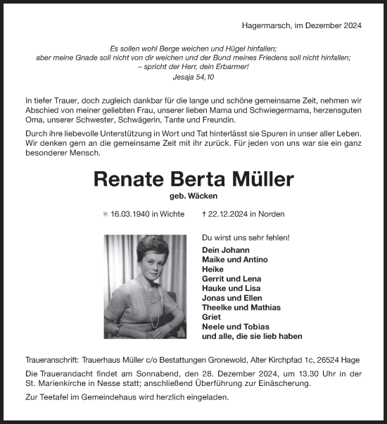 Traueranzeige von Renate Berta Müller von Ostfriesischer Kurier GmbH