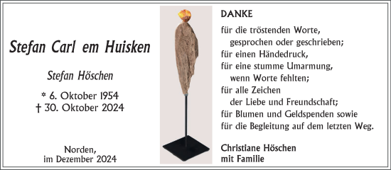 Traueranzeige von Stefan Carl em Huisken von Ostfriesischer Kurier GmbH