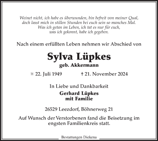 Traueranzeige von Sylva Lüpkes von Ostfriesischer Kurier GmbH