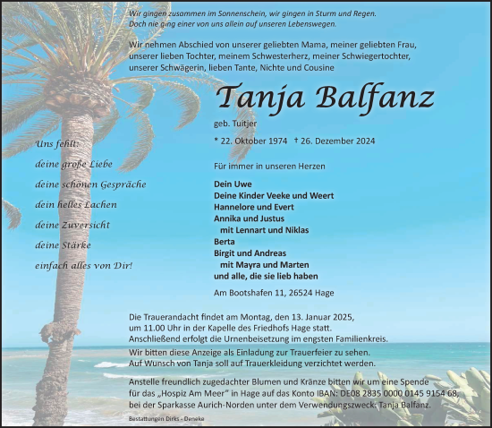 Traueranzeige von Tanja Balfanz von Ostfriesischer Kurier GmbH