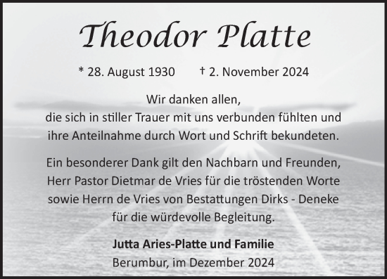 Traueranzeige von Theodor Platte von Ostfriesischer Kurier GmbH