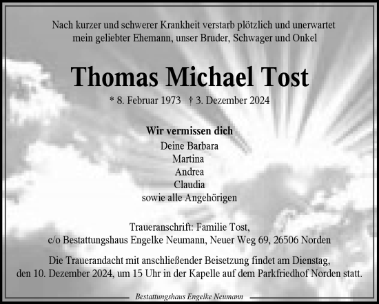 Traueranzeige von Thomas  Tost von Ostfriesischer Kurier GmbH