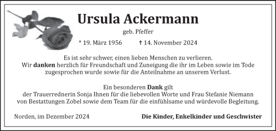 Traueranzeige von Ursula Ackermann von Ostfriesischer Kurier GmbH