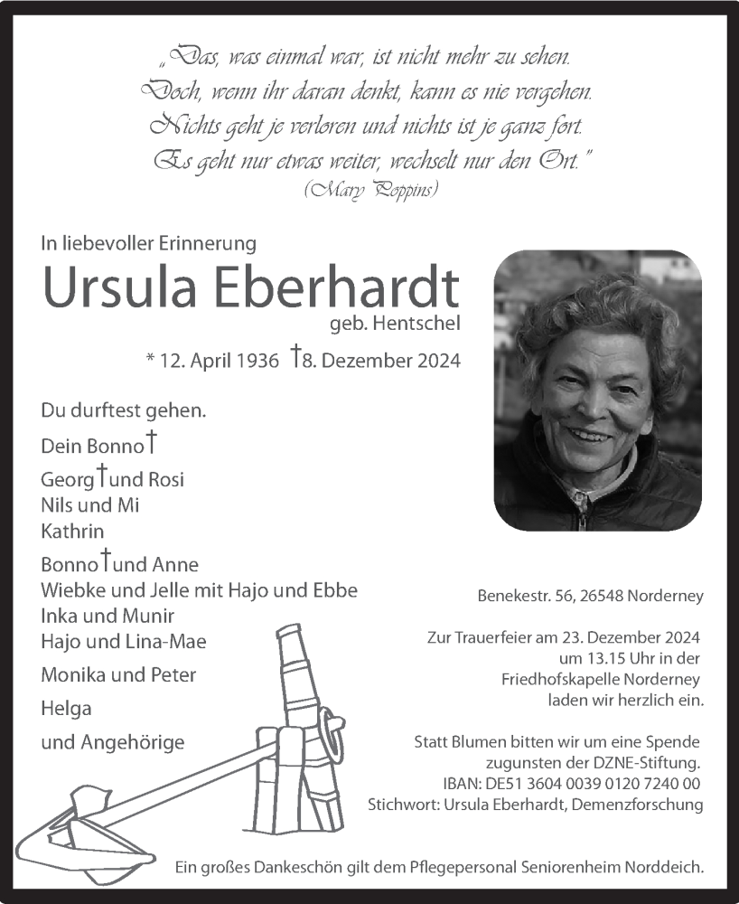  Traueranzeige für Ursula Eberhardt vom 14.12.2024 aus Ostfriesischer Kurier GmbH