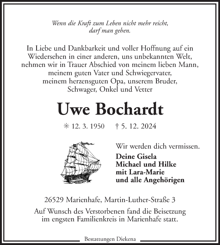  Traueranzeige für Uwe Bochardt vom 14.12.2024 aus Ostfriesischer Kurier GmbH