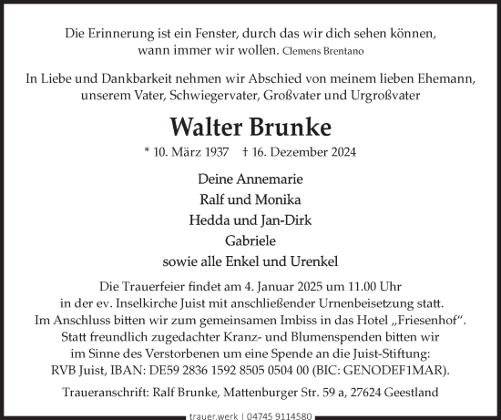 Traueranzeige von Walter Brunke von Ostfriesischer Kurier GmbH