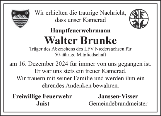 Traueranzeige von Walter Brunke von Ostfriesischer Kurier GmbH