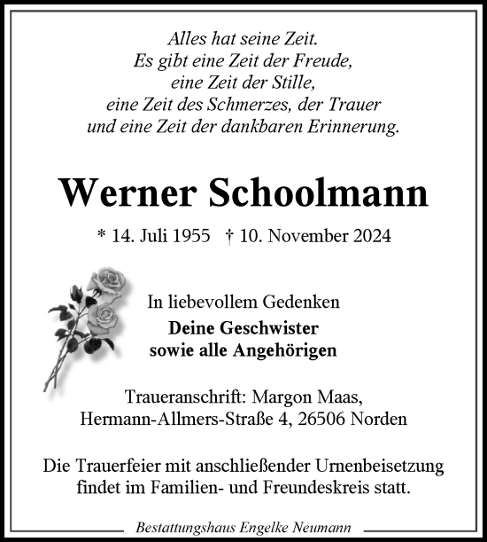 Traueranzeige von Werner Schoolmann von Ostfriesischer Kurier GmbH