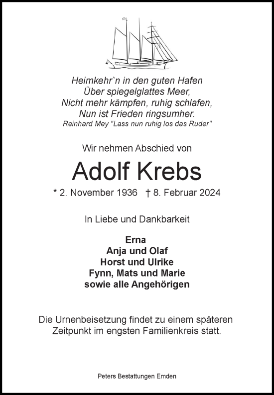 Traueranzeige von Adolf Krebs von Ostfriesischer Kurier GmbH