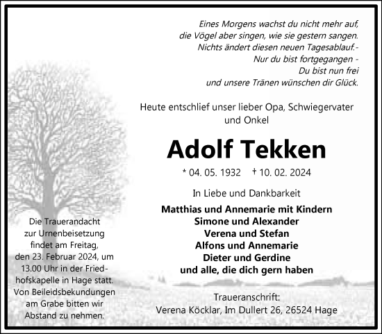 Traueranzeige von Adolf Tekken von Ostfriesischer Kurier GmbH