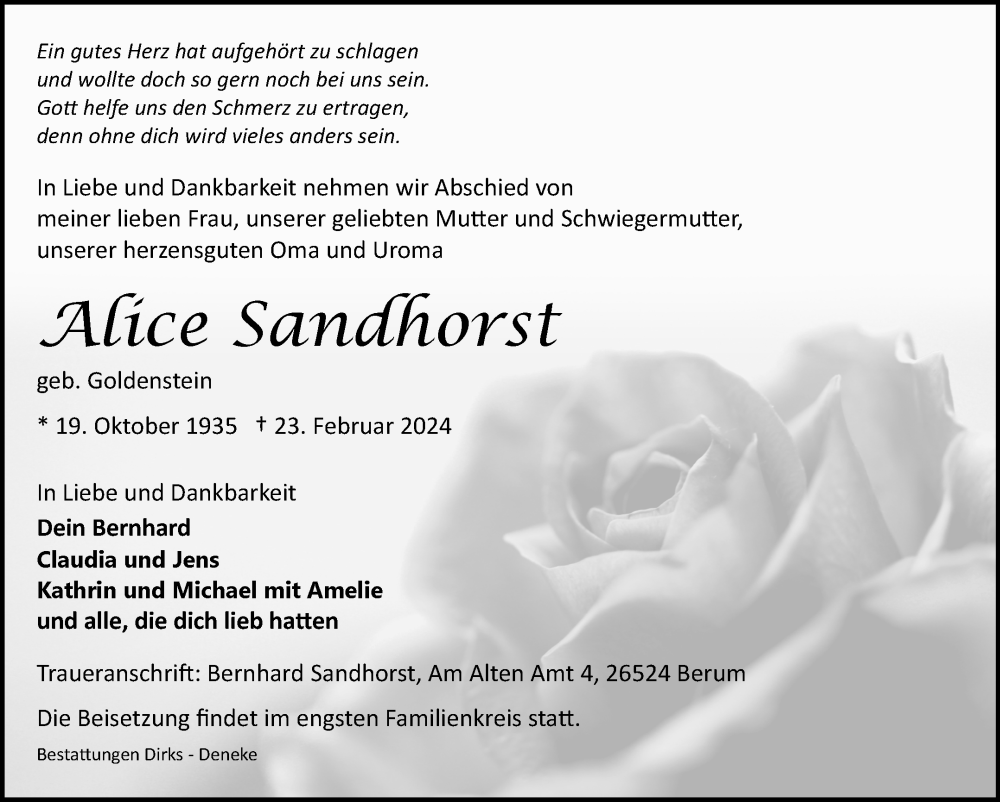  Traueranzeige für Alice Sandhorst vom 26.02.2024 aus Ostfriesischer Kurier GmbH