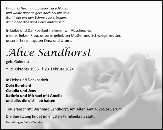 Traueranzeige von Alice Sandhorst von Ostfriesischer Kurier GmbH