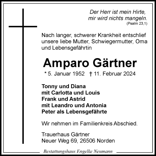 Traueranzeige von Amparo Gärtner von Ostfriesischer Kurier GmbH