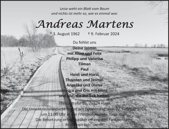 Traueranzeige von Andreas Martens von Ostfriesischer Kurier GmbH