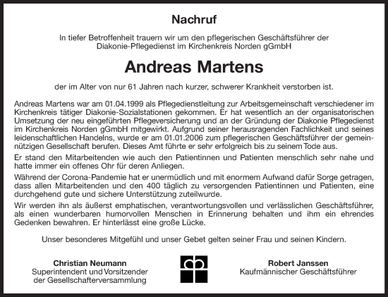 Traueranzeige von Andreas Martens von Ostfriesischer Kurier GmbH