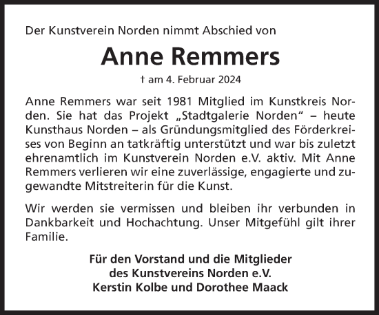 Traueranzeige von Anne Remmers von Ostfriesischer Kurier GmbH